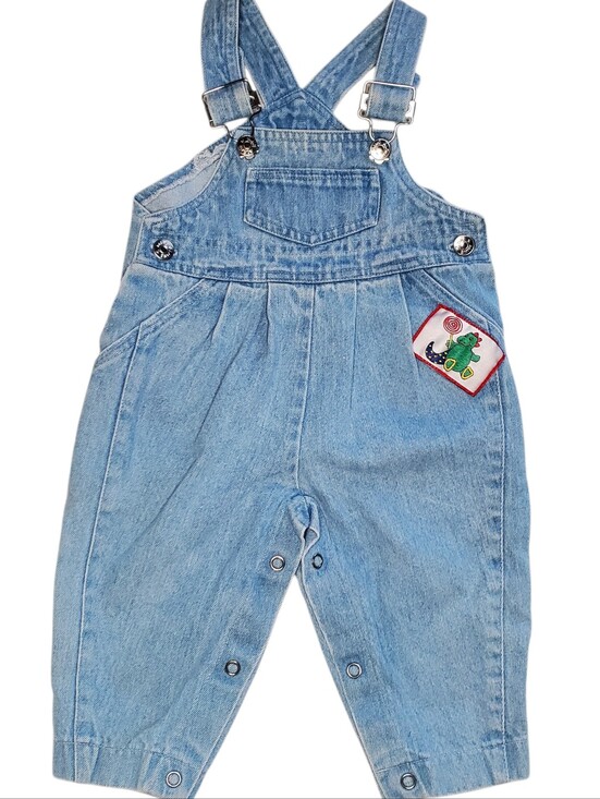 Vintage Other - Vintage Mine Alone Light Wash Denim Dinosaur Overalls Size 6/9M Snap Crotch